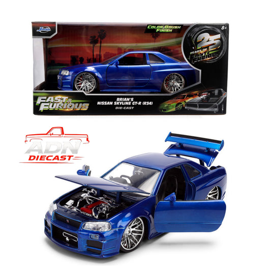 Jada 1:24 Brian’s Nissan Skyline GT-R (R34) – Color Brush Blue – Fast & Furious 25th Anniversary - Diecast